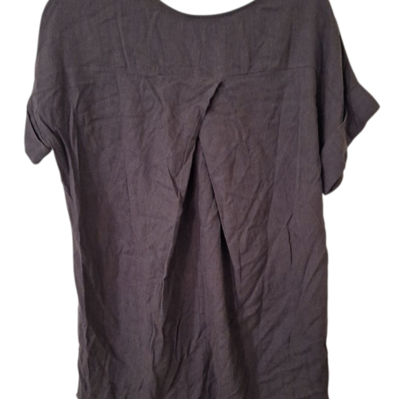 Umgee Brown Linen Blend Womens Cuffed Short Sleeve Top Sz Sm Raw Hem Pocket NEW - Picture 3 of 9